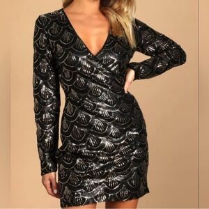 Lulus Jazz Age Black and Gold Sequin Long Sleeve Faux-Wrap Mini Dress